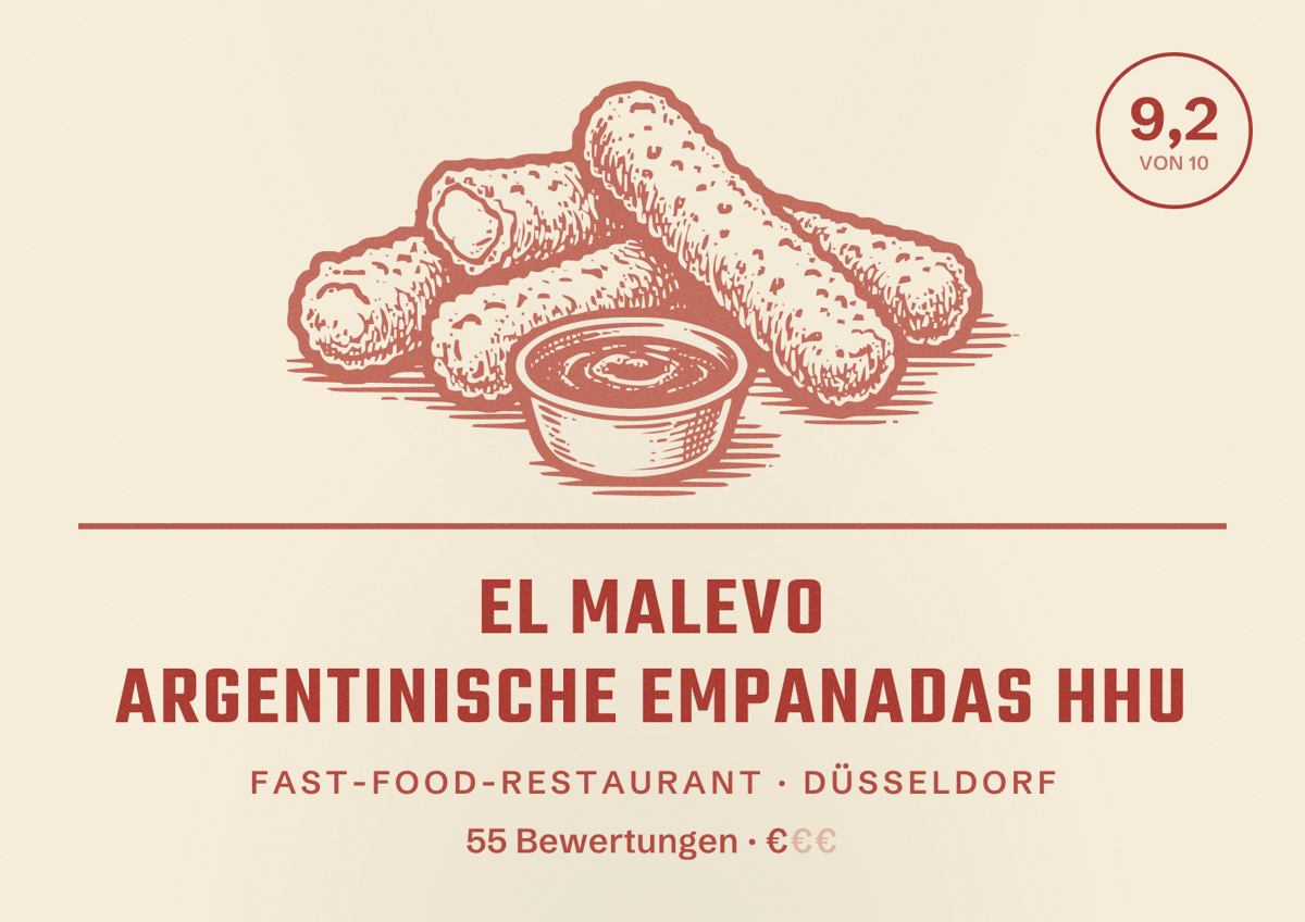 Illustriertes Poster von El Malevo Argentinische Empanadas HHU, Fast-Food-Restaurant in Düsseldorf: Bewertung 9,2 von 10 aus 55 Bewertungen, Preisniveau €