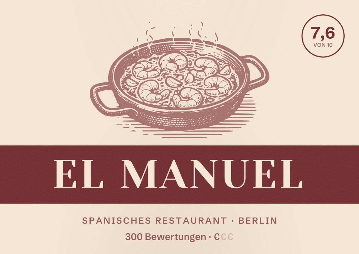 Illustriertes Poster von El Manuel, Spanisches Restaurant in Berlin: Bewertung 7,6 von 10 aus 300 Bewertungen, Preisniveau €
