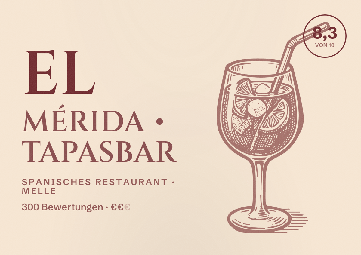 Illustriertes Poster von El Mérida • Tapasbar, Spanisches Restaurant in Melle: Bewertung 8,3 von 10 aus 300 Bewertungen, Preisniveau €€
