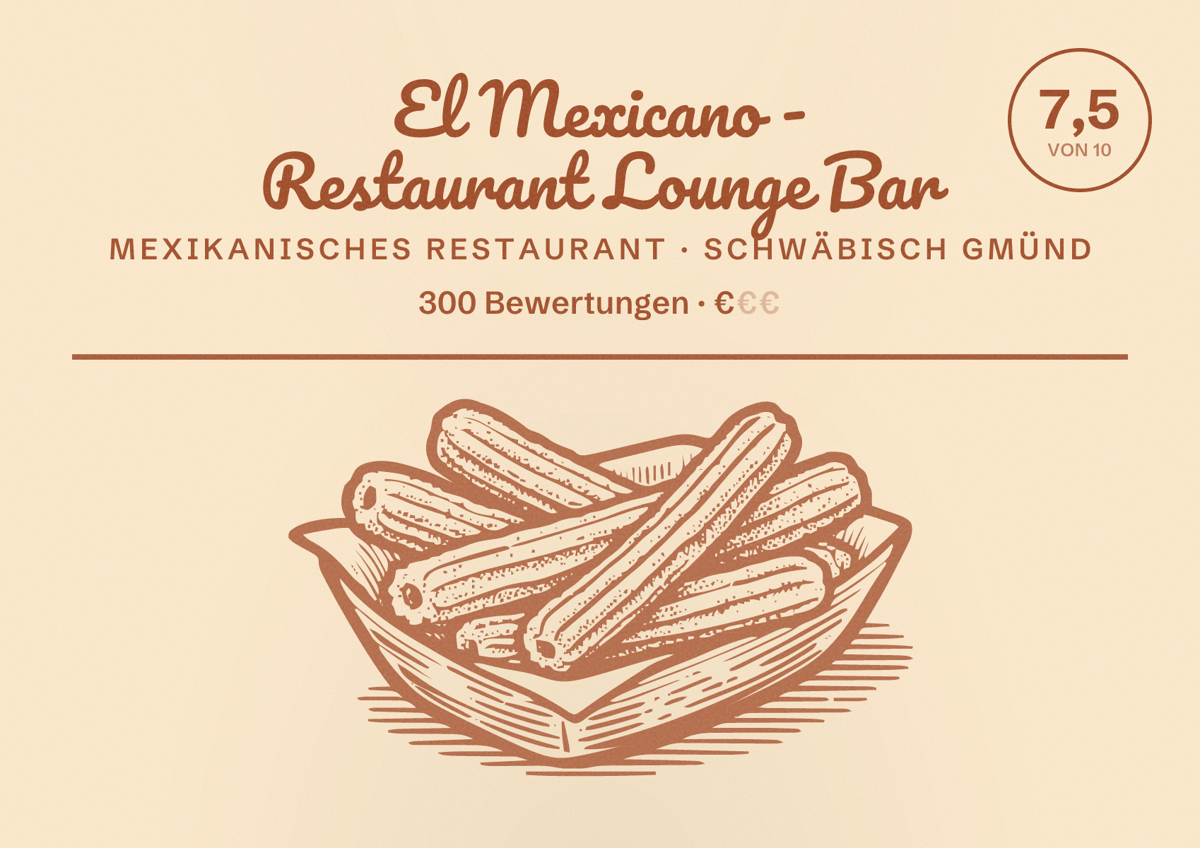 Illustriertes Poster von El Mexicano - Restaurant Lounge Bar, Mexikanisches Restaurant in Schwäbisch Gmünd: Bewertung 7,5 von 10 aus 300 Bewertungen, Preisniveau €
