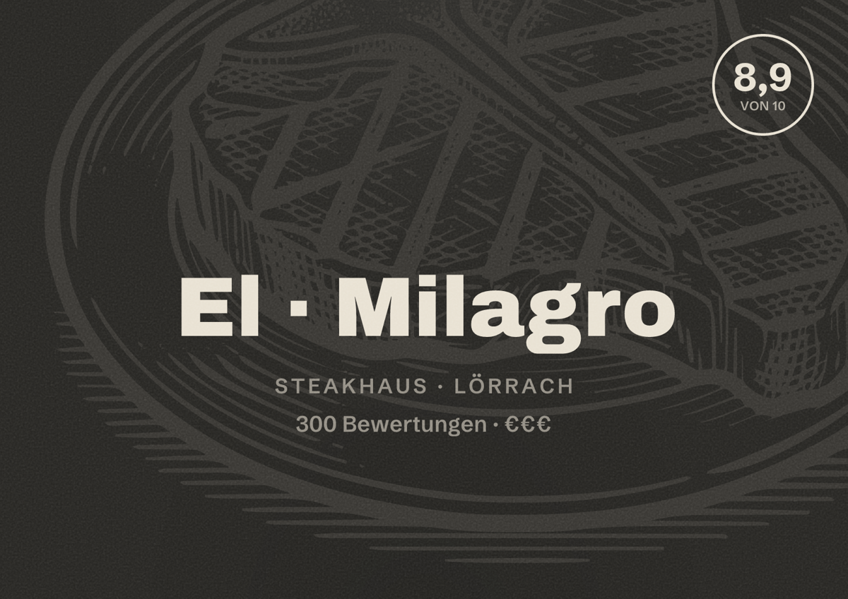 Illustriertes Poster von El Milagro, Steakhaus in Lörrach: Bewertung 8,9 von 10 aus 300 Bewertungen, Preisniveau €€€