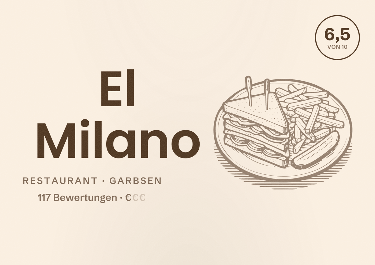 Illustriertes Poster von El Milano, Restaurant in Garbsen: Bewertung 6,5 von 10 aus 117 Bewertungen, Preisniveau €