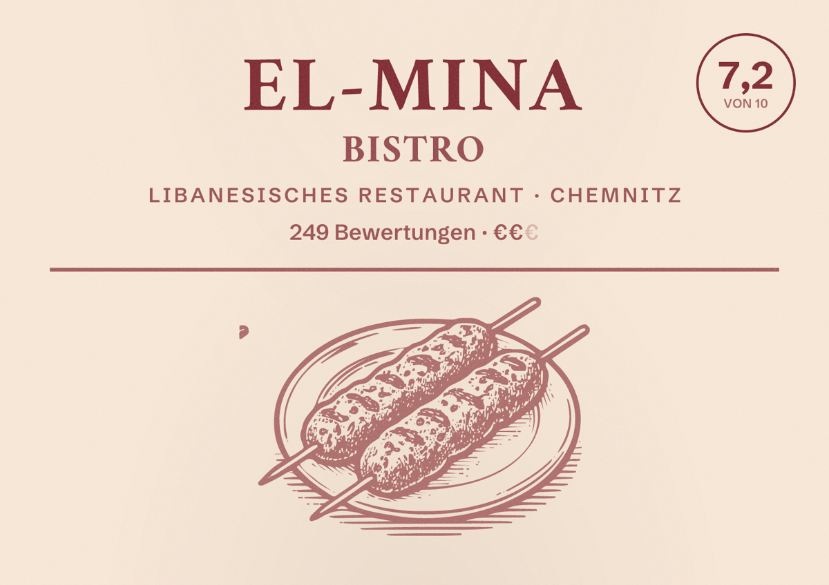Illustriertes Poster von El-Mina Bistro, Libanesisches Restaurant in Chemnitz: Bewertung 7,2 von 10 aus 249 Bewertungen, Preisniveau €€