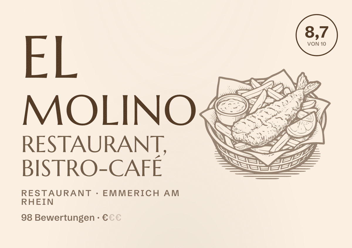 Illustriertes Poster von El Molino Restaurant, Bistro-Café, Restaurant in Emmerich am Rhein: Bewertung 8,7 von 10 aus 98 Bewertungen, Preisniveau €