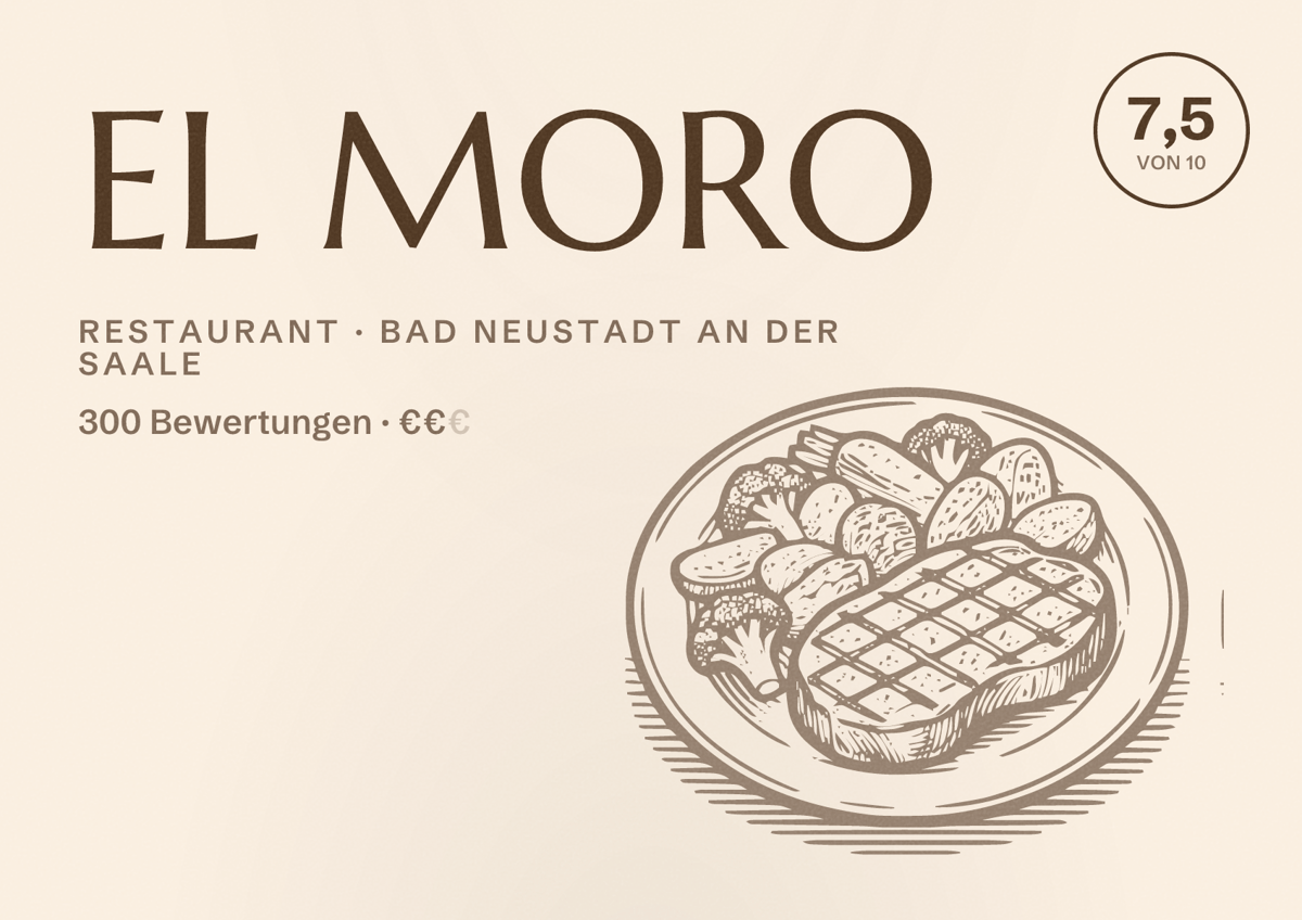 Illustriertes Poster von EL MORO, Restaurant in Bad Neustadt an der Saale: Bewertung 7,5 von 10 aus 300 Bewertungen, Preisniveau €€