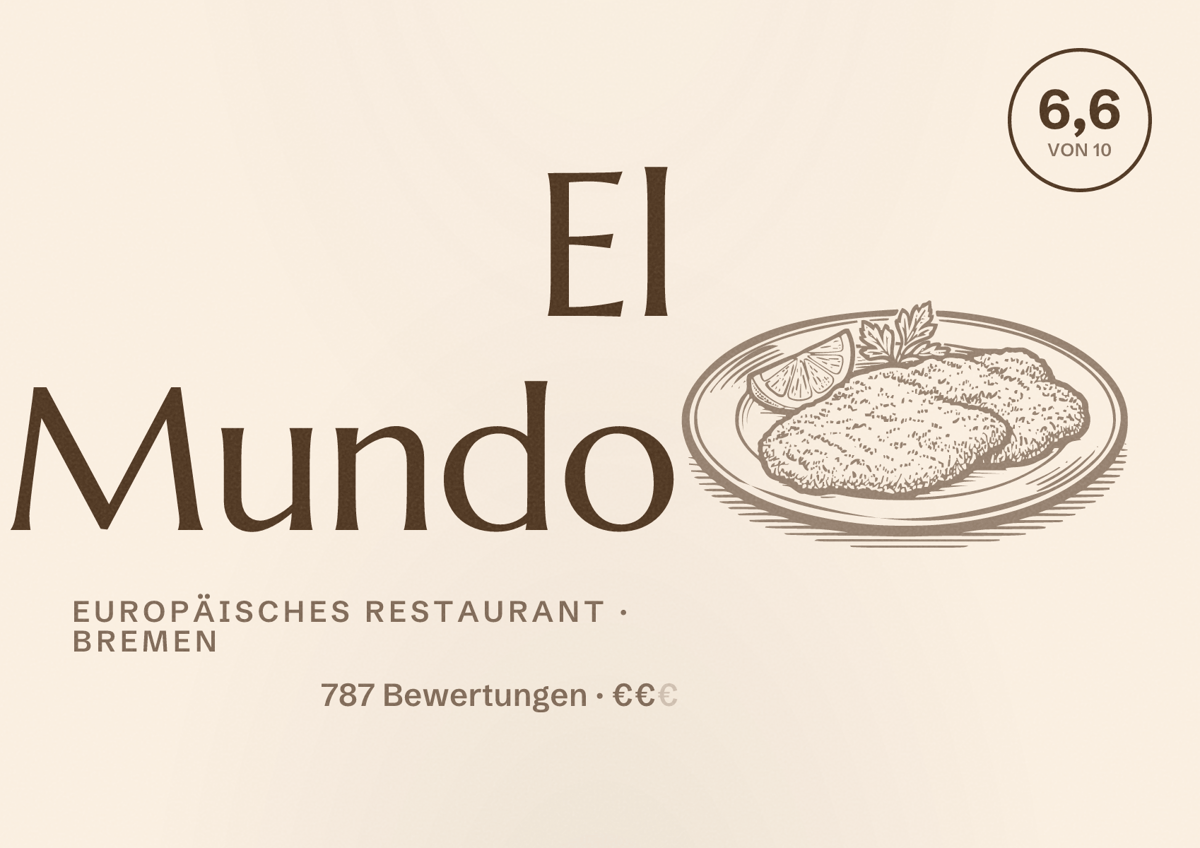 Illustriertes Poster von El Mundo, Europäisches Restaurant in Bremen: Bewertung 6,6 von 10 aus 787 Bewertungen, Preisniveau €€