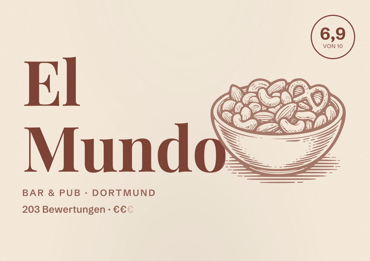 Illustriertes Poster von El Mundo, Bar & Pub in Dortmund: Bewertung 6,9 von 10 aus 203 Bewertungen, Preisniveau €€