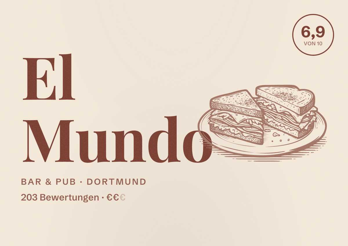 Illustriertes Poster von El Mundo, Bar & Pub in Dortmund: Bewertung 6,9 von 10 aus 203 Bewertungen, Preisniveau €€