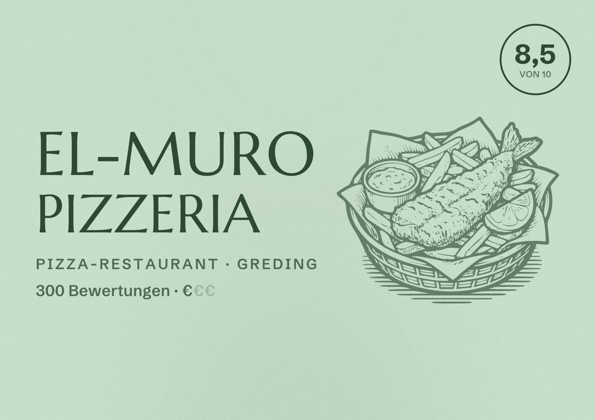 Illustriertes Poster von EL-Muro Pizzeria, Pizza-Restaurant in Greding: Bewertung 8,5 von 10 aus 300 Bewertungen, Preisniveau €