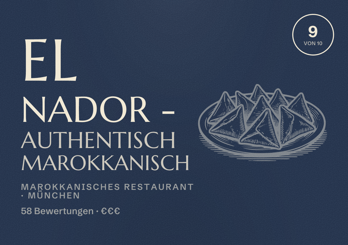 Illustriertes Poster von El Nador - Authentisch Marokkanisch, Marokkanisches Restaurant in München: Bewertung 9,0 von 10 aus 58 Bewertungen, Preisniveau €€€