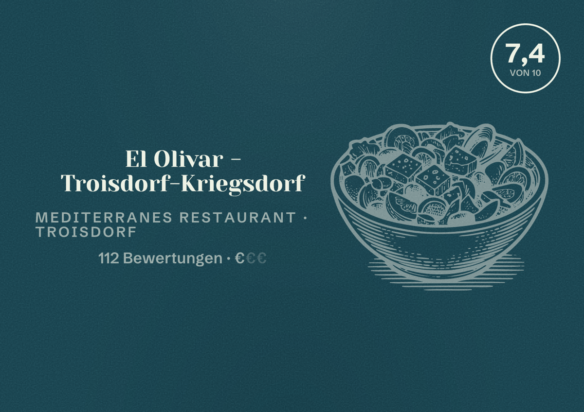Illustriertes Poster von El Olivar - Troisdorf-Kriegsdorf, Mediterranes Restaurant in Troisdorf: Bewertung 7,4 von 10 aus 112 Bewertungen, Preisniveau €