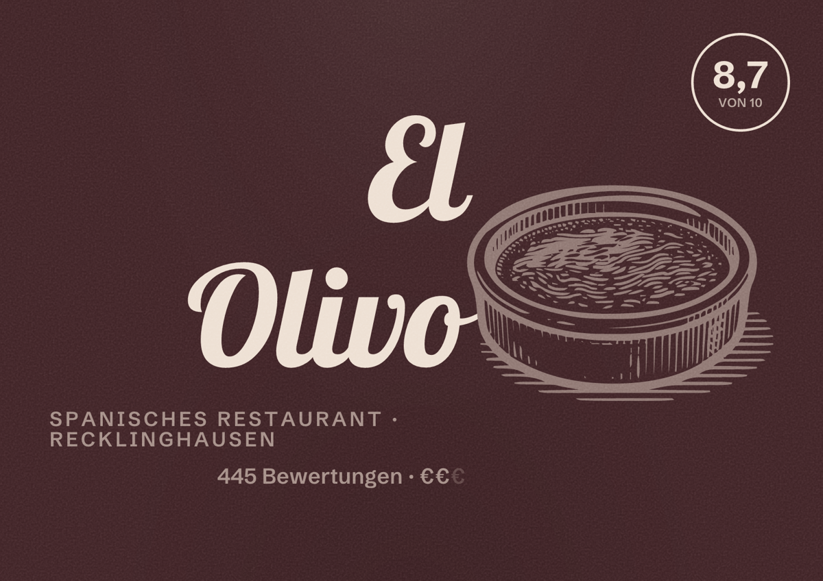 Illustriertes Poster von El Olivo, Spanisches Restaurant in Recklinghausen: Bewertung 8,7 von 10 aus 445 Bewertungen, Preisniveau €€