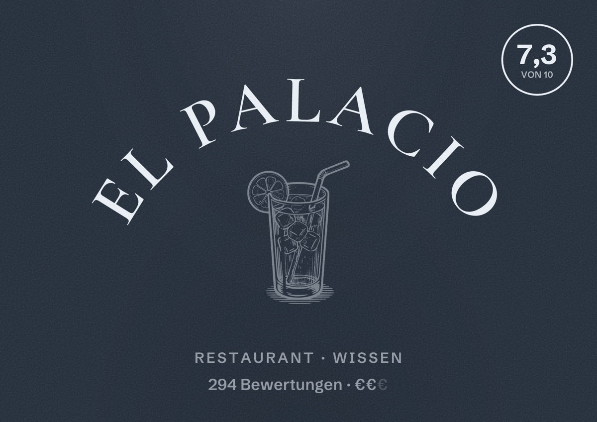 Illustriertes Poster von El Palacio, Restaurant in Wissen: Bewertung 7,3 von 10 aus 294 Bewertungen, Preisniveau €€