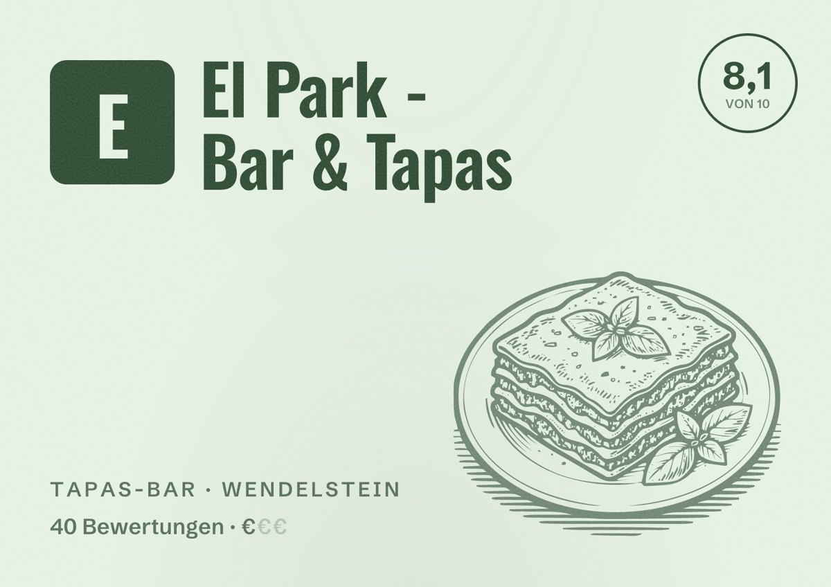 Illustriertes Poster von El Park - Bar & Tapas, Tapas-Bar in Wendelstein: Bewertung 8,1 von 10 aus 40 Bewertungen, Preisniveau €