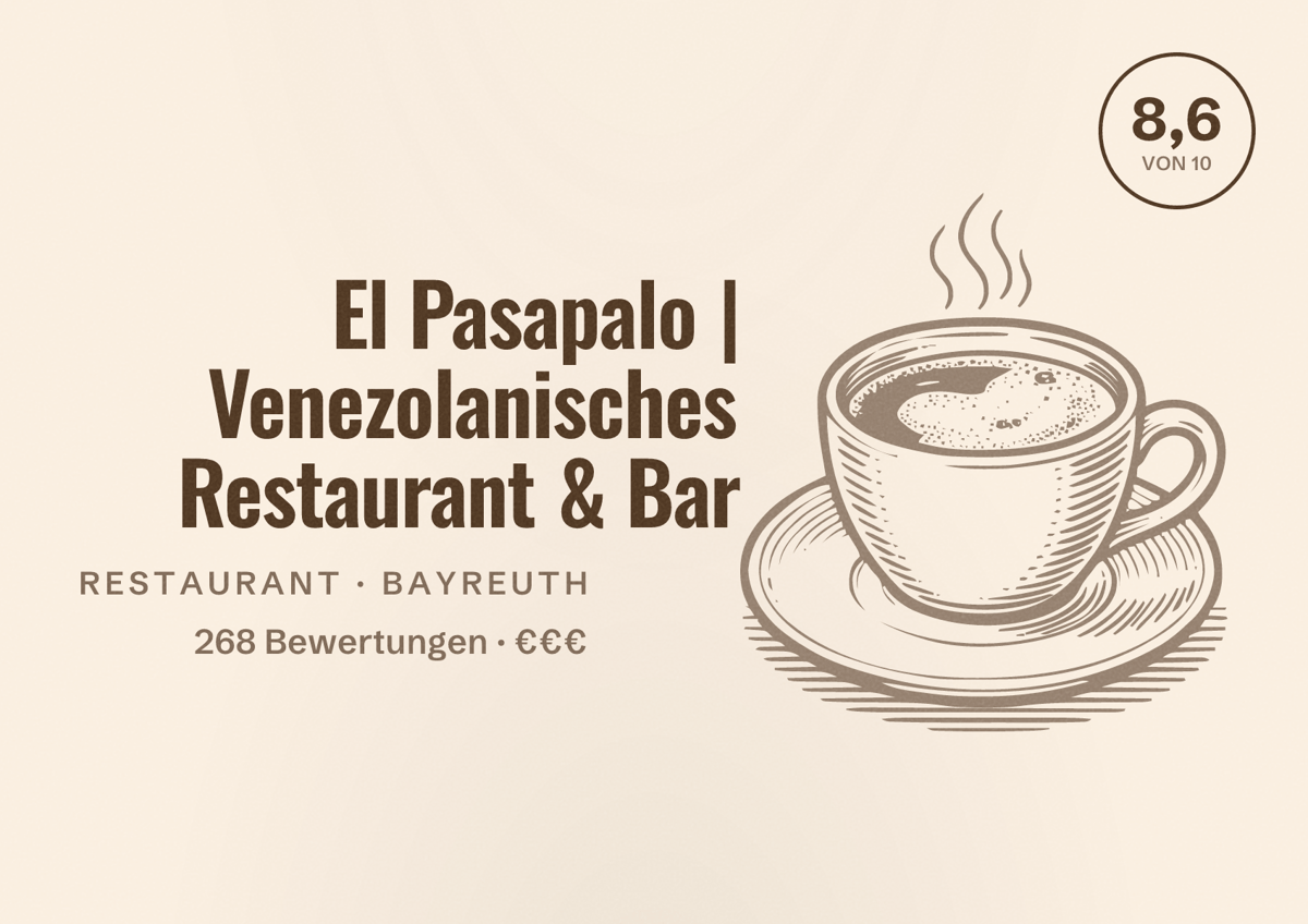 Illustriertes Poster von El Pasapalo | Venezolanisches Restaurant & Bar, Restaurant in Bayreuth: Bewertung 8,6 von 10 aus 268 Bewertungen, Preisniveau €€€