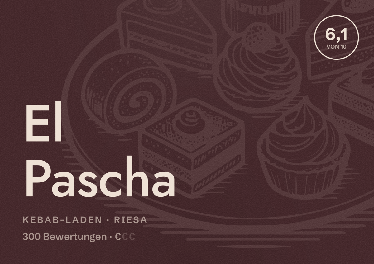 Illustriertes Poster von El Pascha, Kebab-Laden in Riesa: Bewertung 6,1 von 10 aus 300 Bewertungen, Preisniveau €