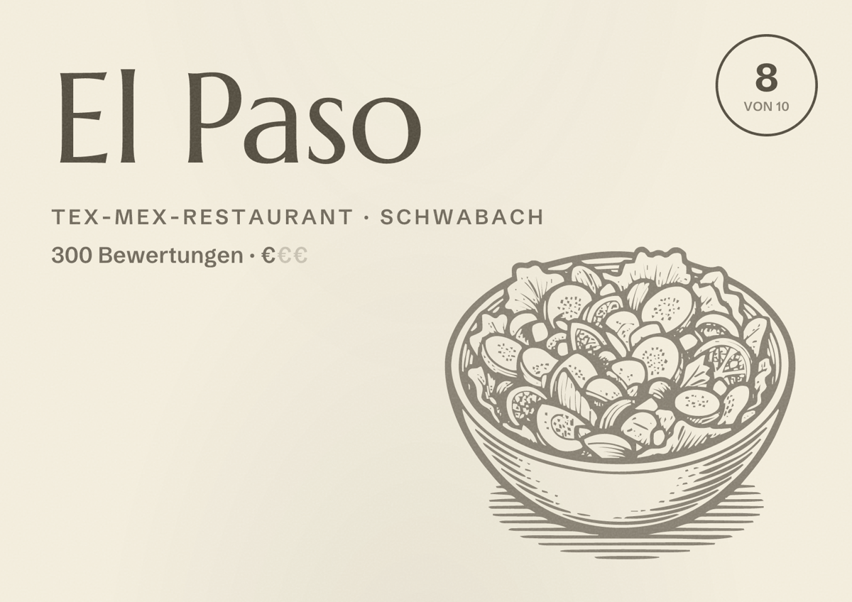 Illustriertes Poster von El Paso, Tex-Mex-Restaurant in Schwabach: Bewertung 8 von 10 aus 300 Bewertungen, Preisniveau €