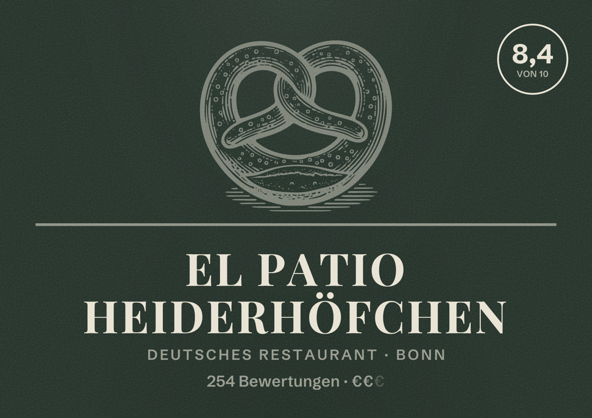 Illustriertes Poster von El Patio Heiderhöfchen, Deutsches Restaurant in Bonn: Bewertung 8,4 von 10 aus 254 Bewertungen, Preisniveau €€
