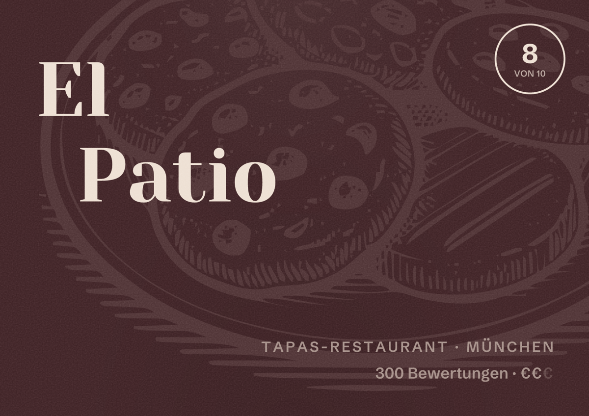 Illustriertes Poster von El Patio, Tapas-Restaurant in München: Bewertung 8,0 von 10 aus 300 Bewertungen, Preisniveau €€