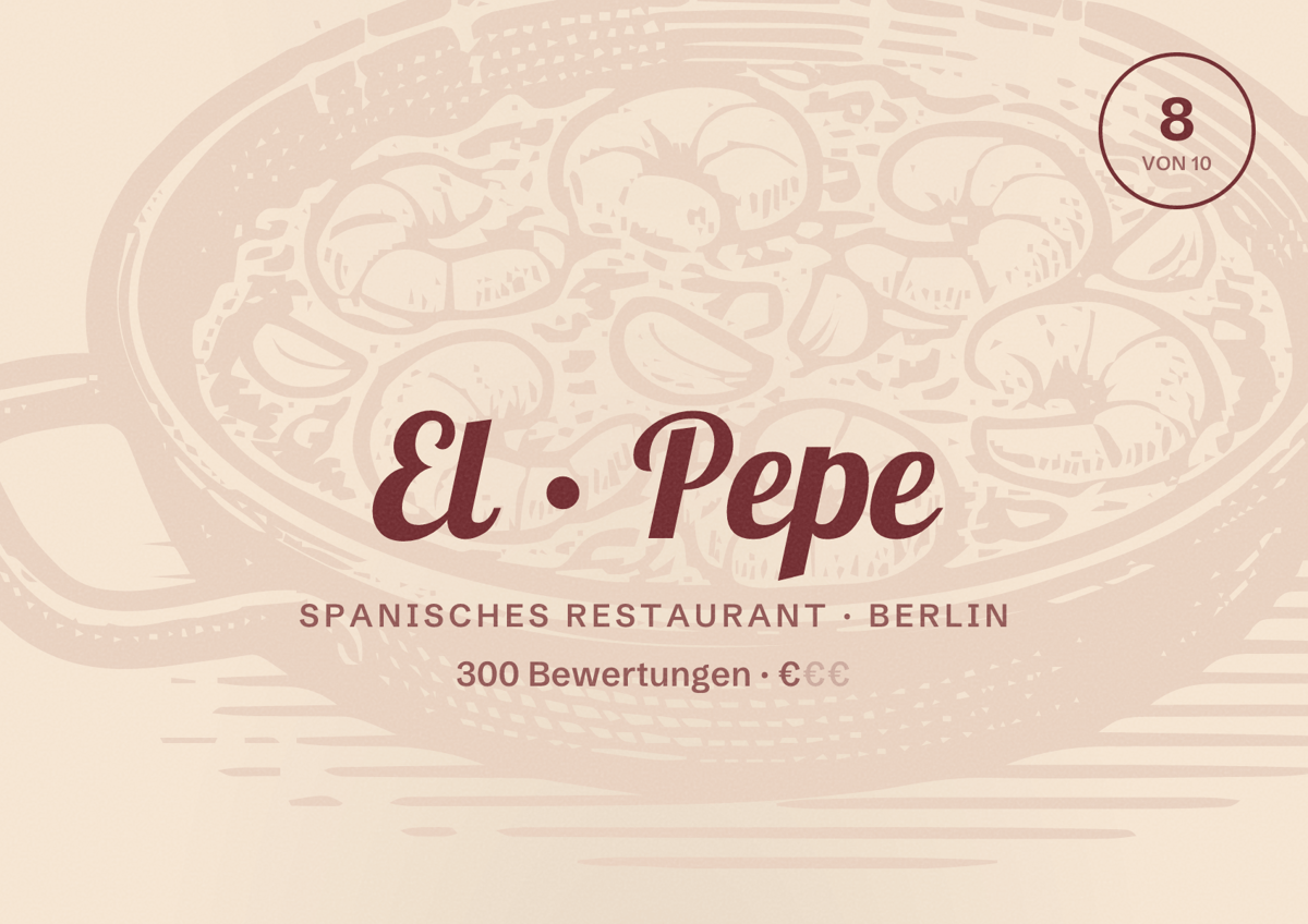 Illustriertes Poster von El Pepe, Spanisches Restaurant in Berlin: Bewertung 8,0 von 10 aus 300 Bewertungen, Preisniveau €