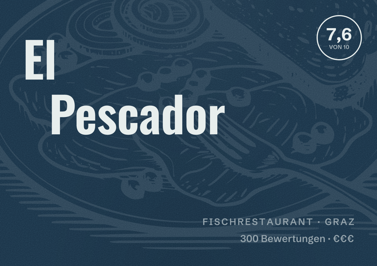 Illustriertes Poster von El Pescador, Fischrestaurant in Graz: Bewertung 7,6 von 10 aus 300 Bewertungen, Preisniveau €€€