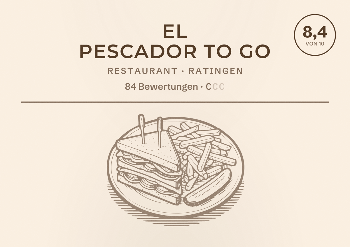 Illustriertes Poster von El Pescador to go, Restaurant in Ratingen: Bewertung 8,4 von 10 aus 84 Bewertungen, Preisniveau €