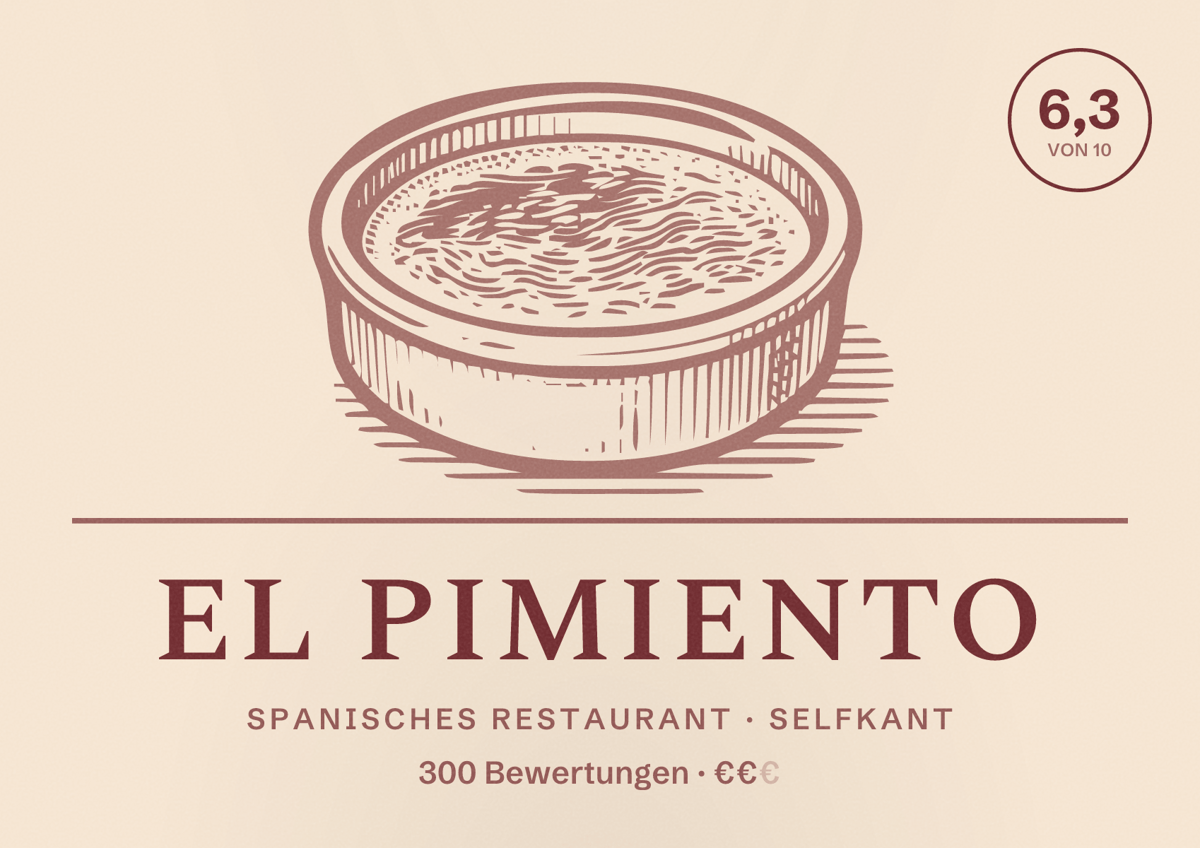 Illustriertes Poster von El Pimiento, Spanisches Restaurant in Selfkant: Bewertung 6,3 von 10 aus 300 Bewertungen, Preisniveau €€