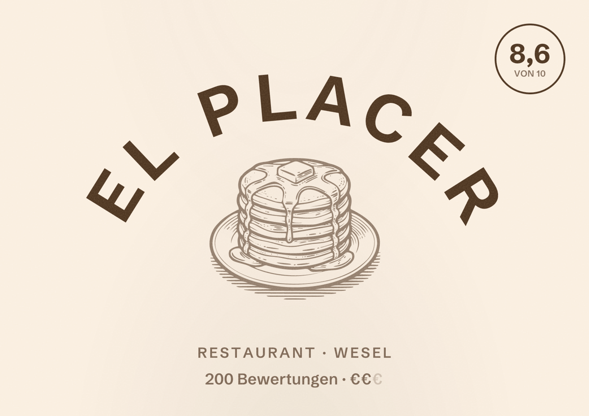 Illustriertes Poster von El Placer, Restaurant in Wesel: Bewertung 8,6 von 10 aus 200 Bewertungen, Preisniveau €€