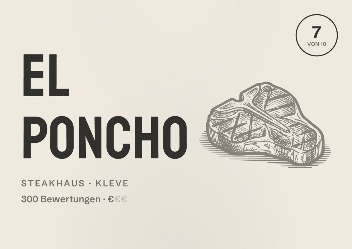Illustriertes Poster von El Poncho, Steakhaus in Kleve: Bewertung 7 von 10 aus 300 Bewertungen, Preisniveau €