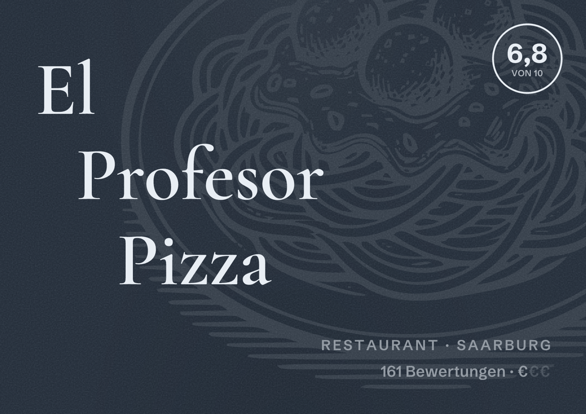 Illustriertes Poster von El Profesor Pizza, Restaurant in Saarburg: Bewertung 6,8 von 10 aus 161 Bewertungen, Preisniveau €