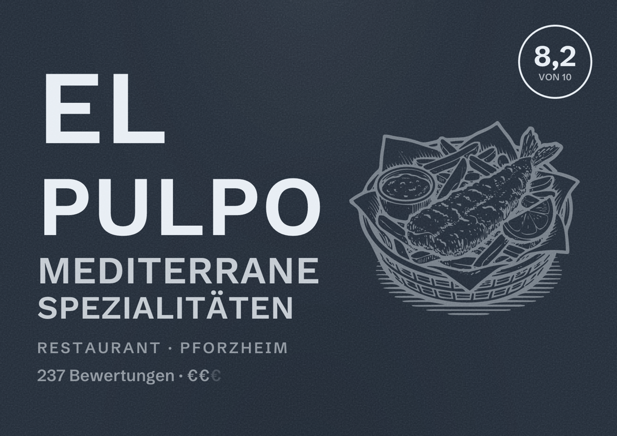 Illustriertes Poster von El Pulpo Mediterrane Spezialitäten, Restaurant in Pforzheim: Bewertung 8,2 von 10 aus 237 Bewertungen, Preisniveau €€