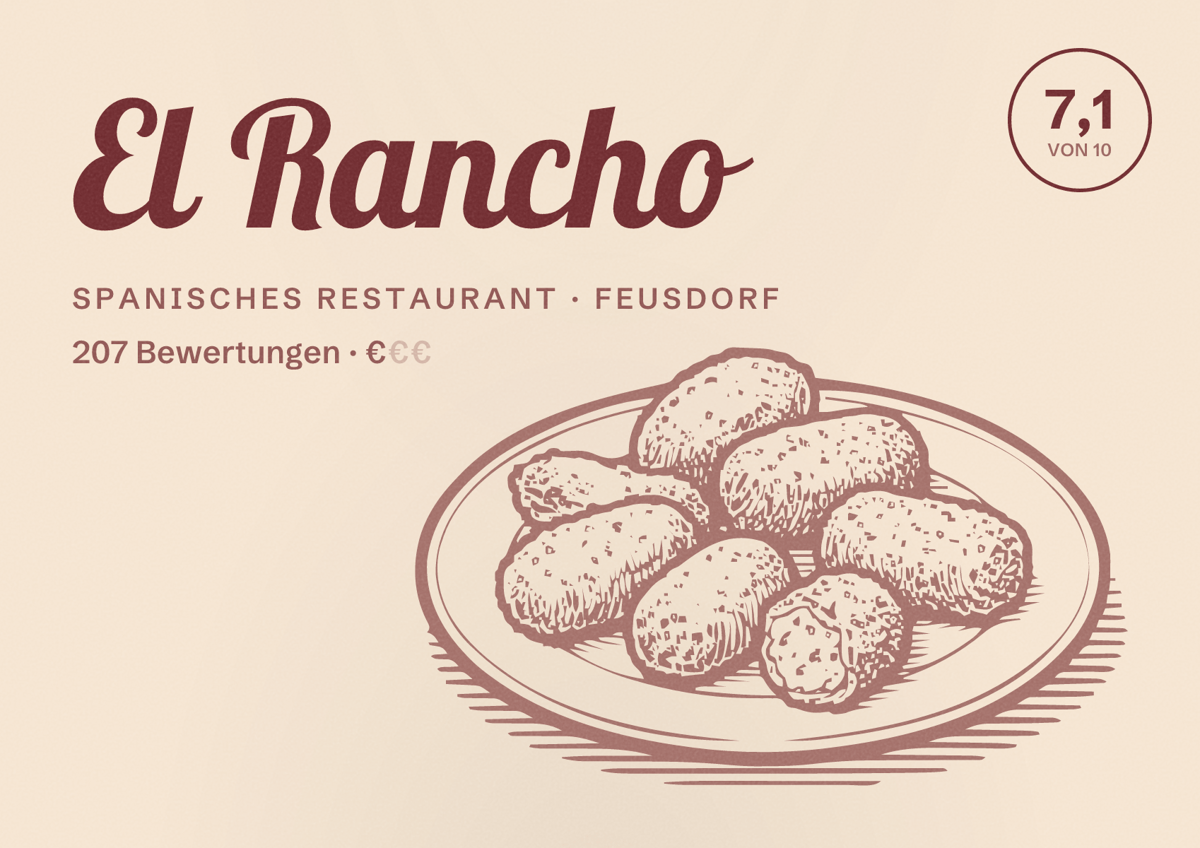 Illustriertes Poster von El Rancho, Spanisches Restaurant in Feusdorf: Bewertung 7,1 von 10 aus 207 Bewertungen, Preisniveau €