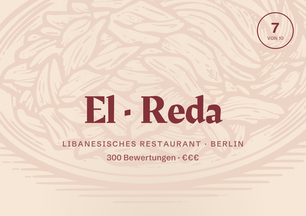 Illustriertes Poster von El Reda, Libanesisches Restaurant in Berlin: Bewertung 7,0 von 10 aus 300 Bewertungen, Preisniveau €€€