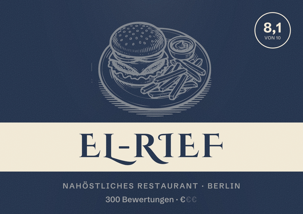 Illustriertes Poster von El-Rief, Nahöstliches Restaurant in Berlin: Bewertung 8,1 von 10 aus 300 Bewertungen, Preisniveau €