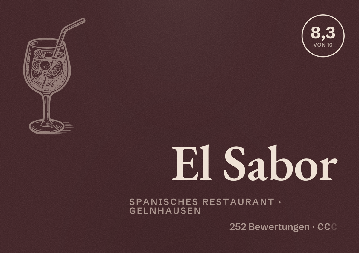 Illustriertes Poster von El Sabor, Spanisches Restaurant in Gelnhausen: Bewertung 8,3 von 10 aus 252 Bewertungen, Preisniveau €€