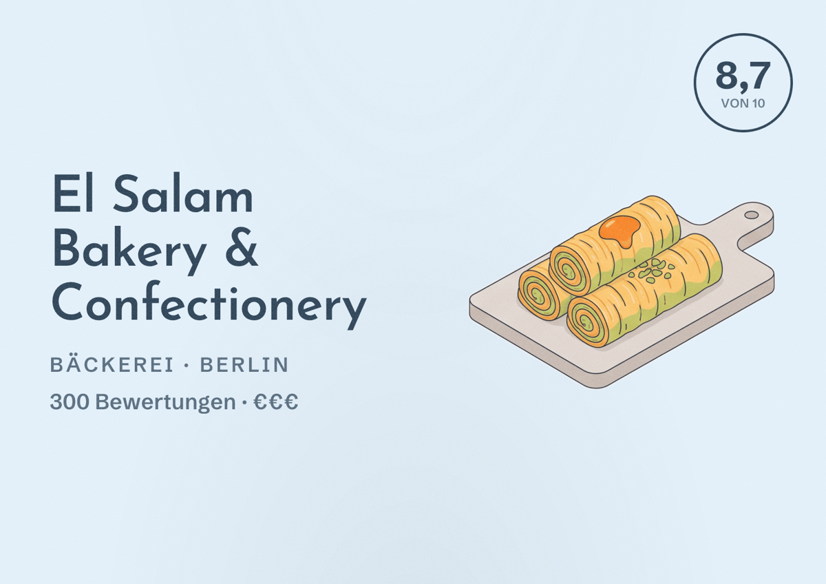 Illustriertes Poster von El Salam Bakery & Confectionery, Bäckerei in Berlin: Bewertung 8,7 von 10 aus 300 Bewertungen, Preisniveau €€€