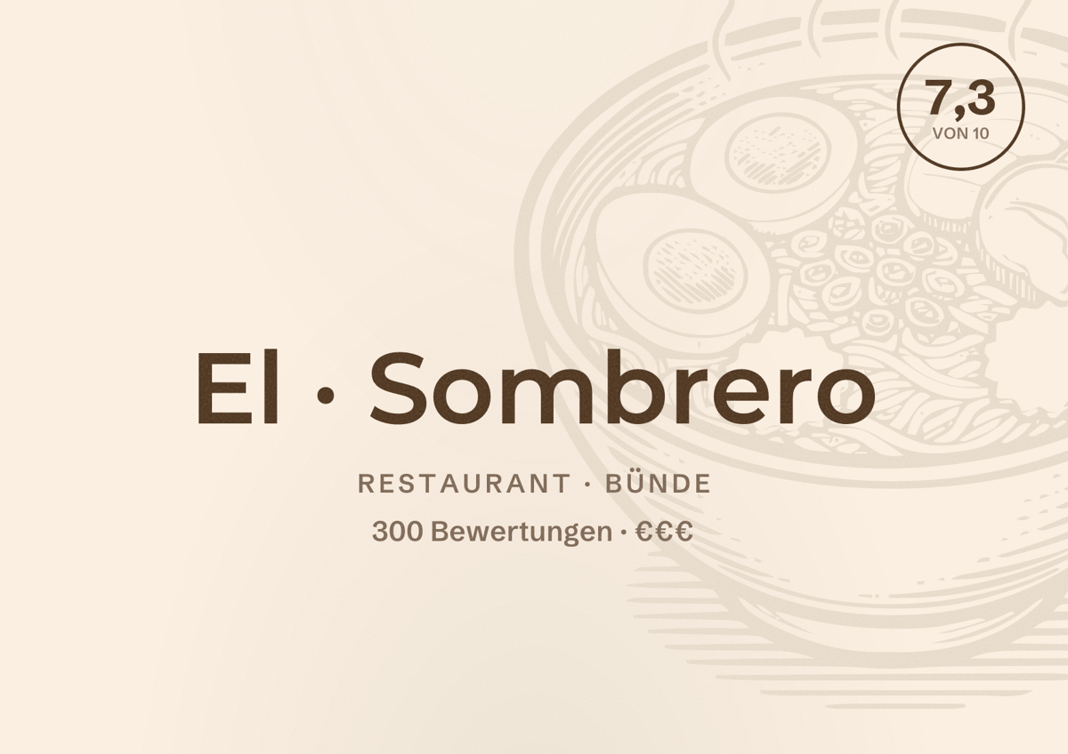 Illustriertes Poster von El Sombrero, Restaurant in Bünde: Bewertung 7,3 von 10 aus 300 Bewertungen, Preisniveau €€€