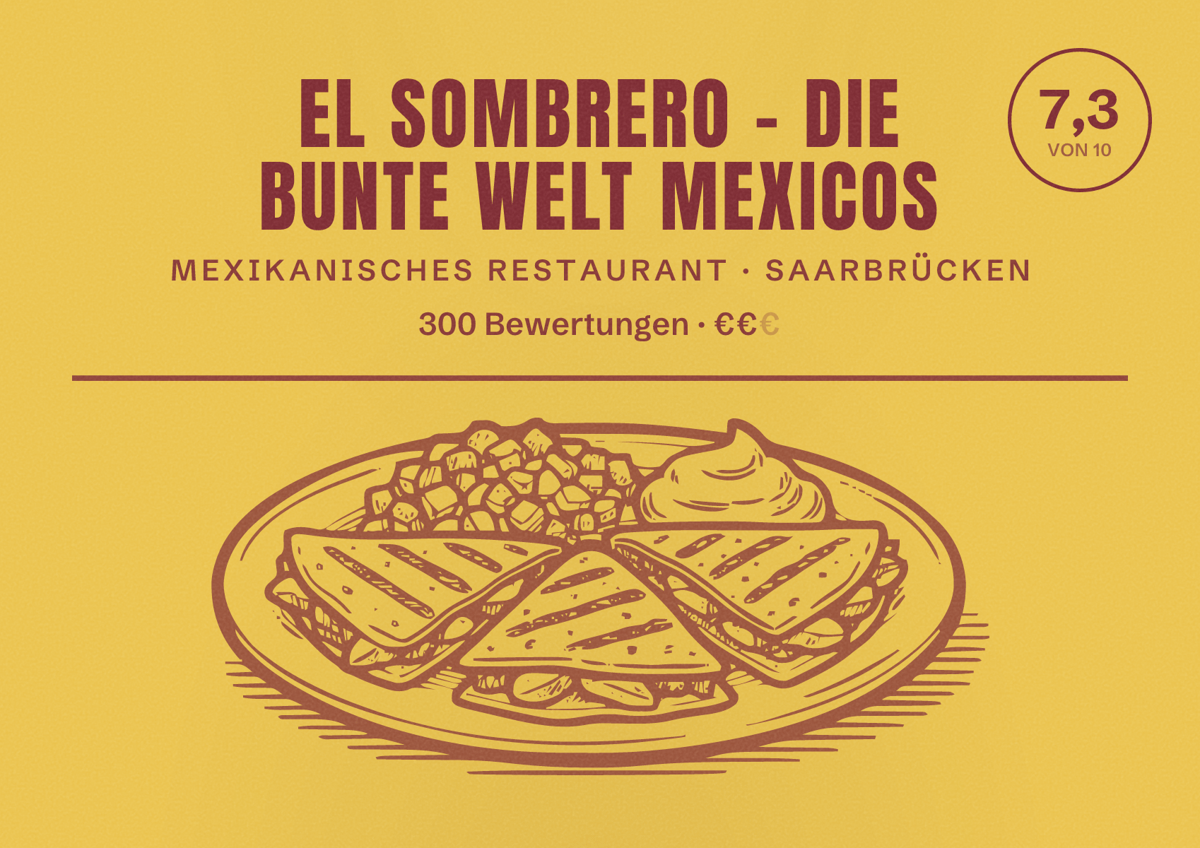 Illustriertes Poster von El Sombrero - Die bunte Welt Mexicos, Mexikanisches Restaurant in Saarbrücken: Bewertung 7,3 von 10 aus 300 Bewertungen, Preisniveau €€