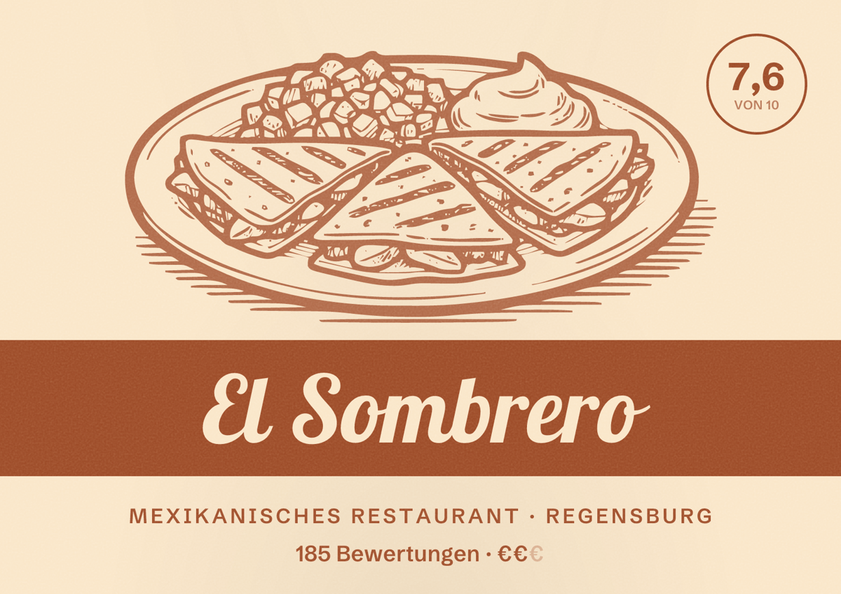 Illustriertes Poster von El Sombrero, Mexikanisches Restaurant in Regensburg: Bewertung 7,6 von 10 aus 185 Bewertungen, Preisniveau €€