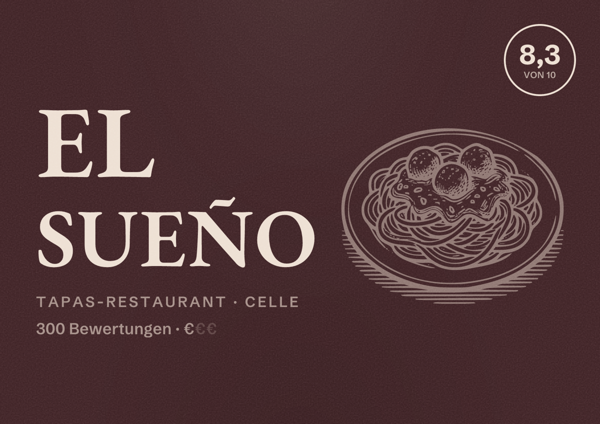 Illustriertes Poster von el sueño, Tapas-Restaurant in Celle: Bewertung 8,3 von 10 aus 300 Bewertungen, Preisniveau €