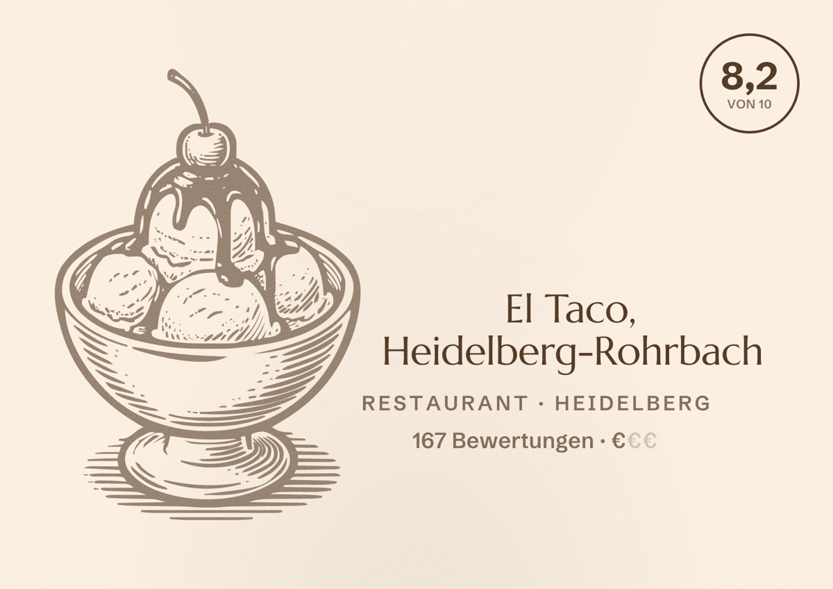 Illustriertes Poster von El Taco, Heidelberg-Rohrbach, Restaurant in Heidelberg: Bewertung 8,2 von 10 aus 167 Bewertungen, Preisniveau €