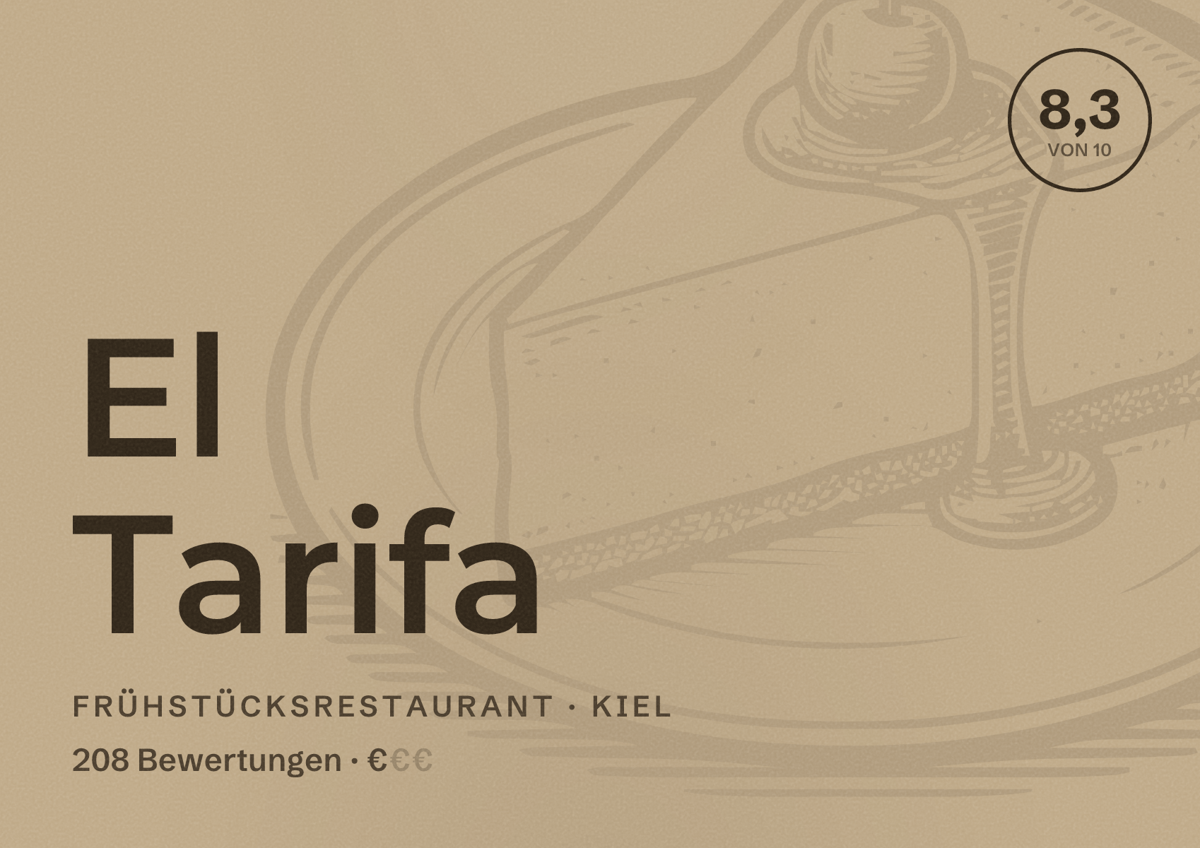 Illustriertes Poster von El Tarifa, Frühstücksrestaurant in Kiel: Bewertung 8,3 von 10 aus 208 Bewertungen, Preisniveau €