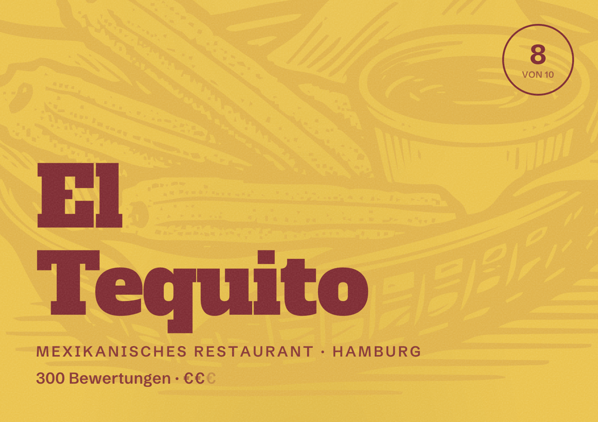 Illustriertes Poster von El Tequito, Mexikanisches Restaurant in Hamburg: Bewertung 8,0 von 10 aus 300 Bewertungen, Preisniveau €€