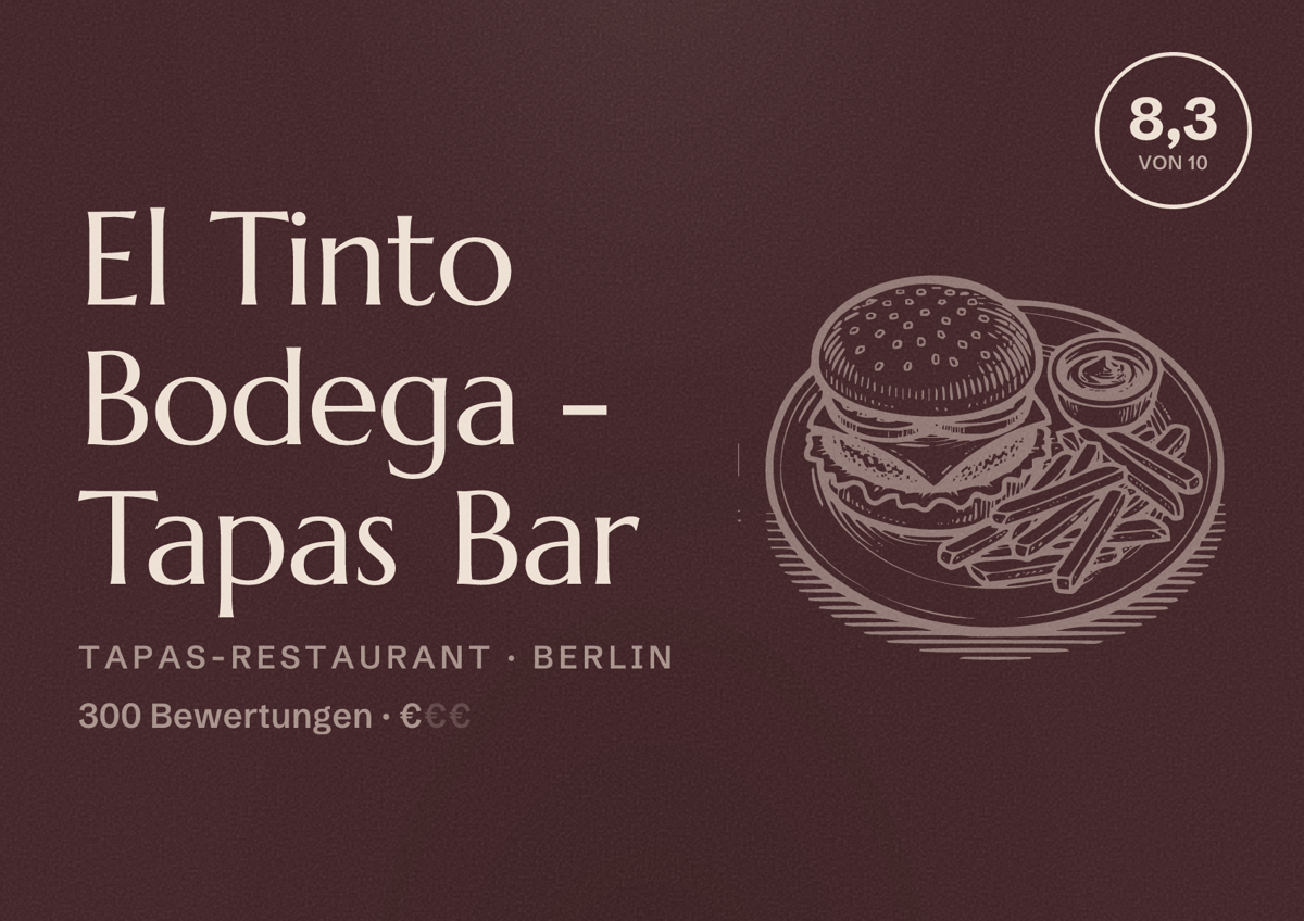 Illustriertes Poster von El Tinto Bodega - Tapas Bar, Tapas-Restaurant in Berlin: Bewertung 8,3 von 10 aus 300 Bewertungen, Preisniveau €