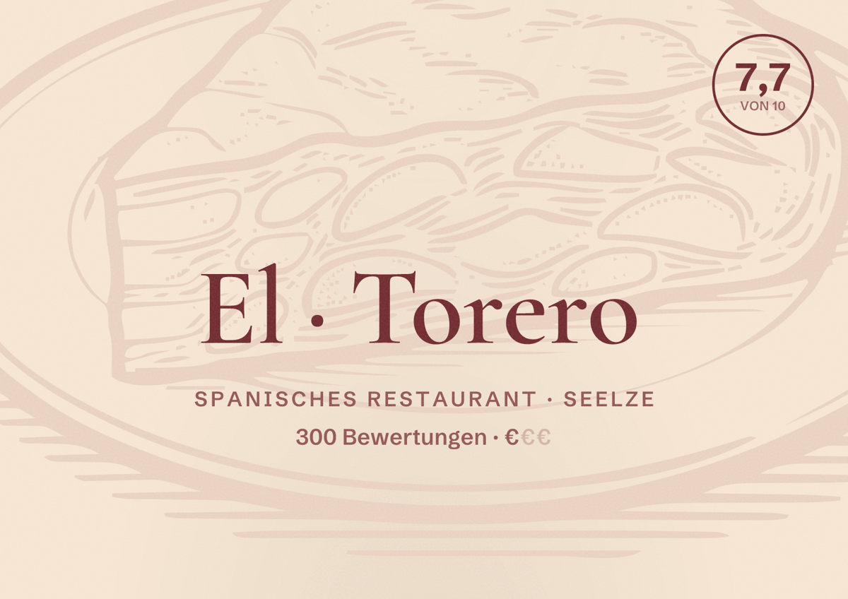 Illustriertes Poster von El Torero, Spanisches Restaurant in Seelze: Bewertung 7,7 von 10 aus 300 Bewertungen, Preisniveau €