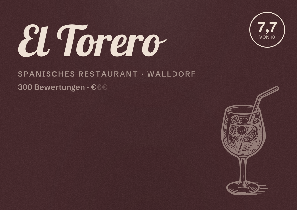 Illustriertes Poster von El Torero, Spanisches Restaurant in Walldorf: Bewertung 7,7 von 10 aus 300 Bewertungen, Preisniveau €