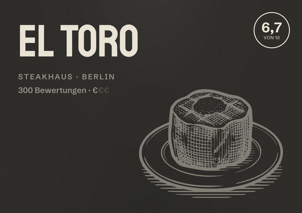Illustriertes Poster von El Toro, Steakhaus in Berlin: Bewertung 6,7 von 10 aus 300 Bewertungen, Preisniveau €