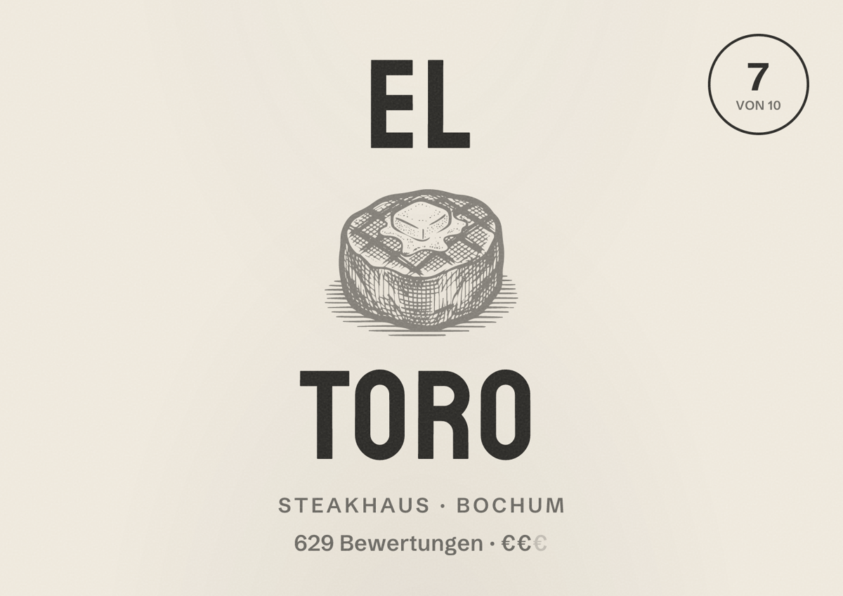 Illustriertes Poster von El Toro, Steakhaus in Bochum: Gästebewertung 7 von 10 aus 629 Bewertungen