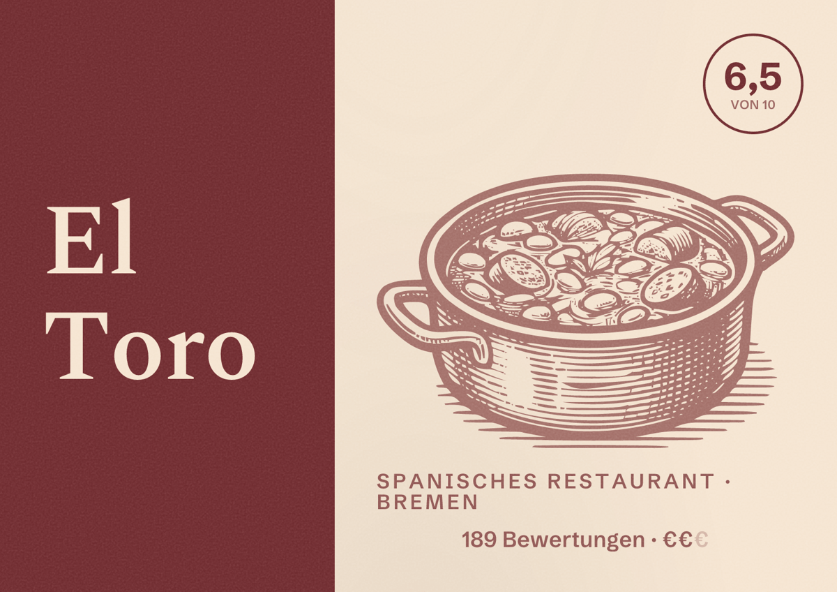 Illustriertes Poster von El Toro, Spanisches Restaurant in Bremen: Bewertung 6,5 von 10 aus 189 Bewertungen, Preisniveau €€