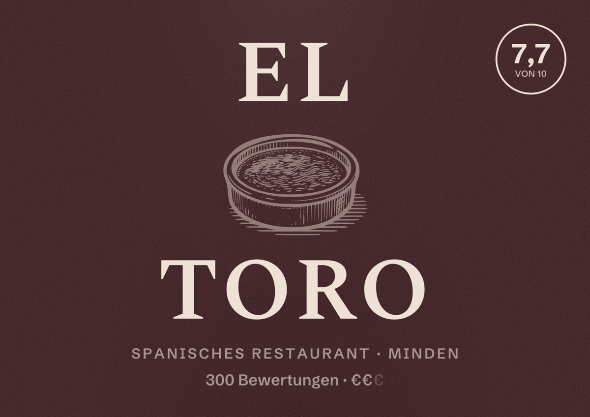 Illustriertes Poster von El Toro, Spanisches Restaurant in Minden: Bewertung 7,7 von 10 aus 300 Bewertungen, Preisniveau €€